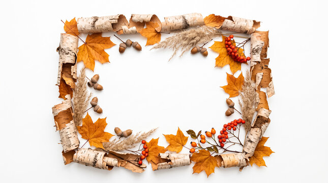 Autumn frame made of birch bark branches with colorful maple leaves and red berries for seasonal holiday greeting card invitation design template