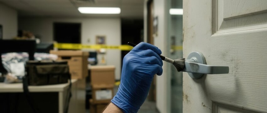 Forensic investigator dusting doorknob for fingerprints in crime scene office