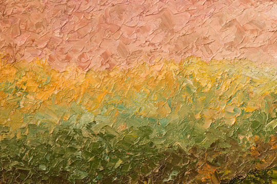 Abstract impressionist landscape painting texture. Soft pastel pink yellow and green palette knife canvas background for modern wall art