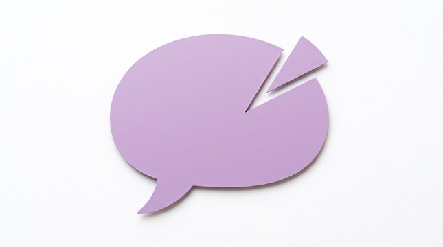 A lilac paper speech bubble with a cutout pie chart slice shape isolated on a plain white background for creative design communication layout