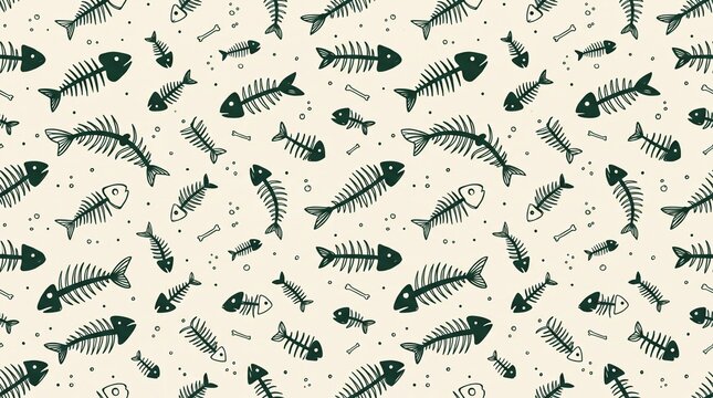 Seamless pattern of hand drawn fish skeletons on cream background