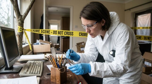 Forensic Investigator in Hazmat Suit Examining Evidence at Crime Scene