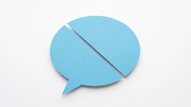 Broken light blue paper speech bubble cutout placed on a clean white background representing communication breakdown and disconnect concepts