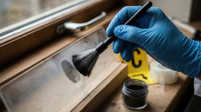 Forensic investigator dusting for fingerprints on glass surface at crime scene close up
