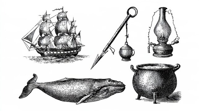 Sketch set features engravings of a whaling ship, harpoon, whale oil lamp, and blubber boiling pot, reflecting maritime history.