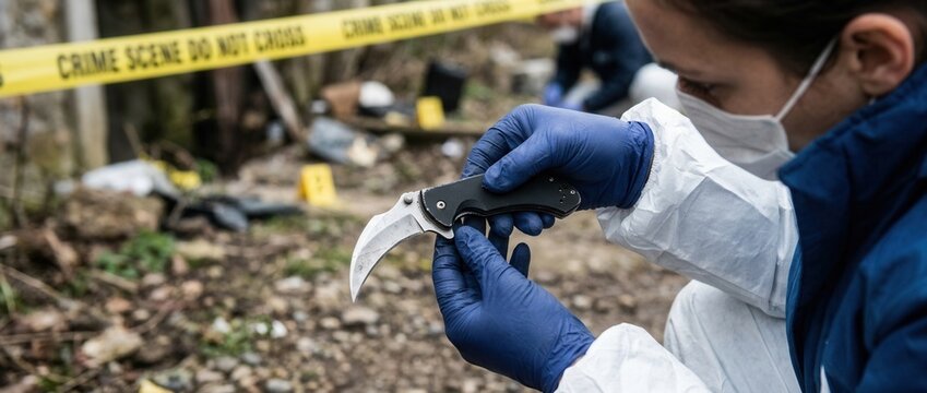 Forensic investigator examines curved karambit knife at outdoor crime scene with yellow caution tape and evidence markers
