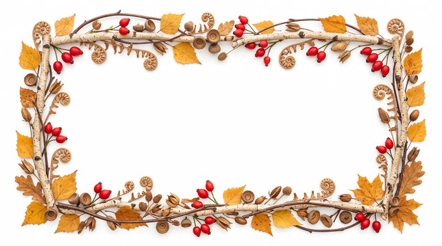 Decorative autumn border frame made of birch branches with colorful fall leaves and red berries for seasonal holiday greeting card and invitation design