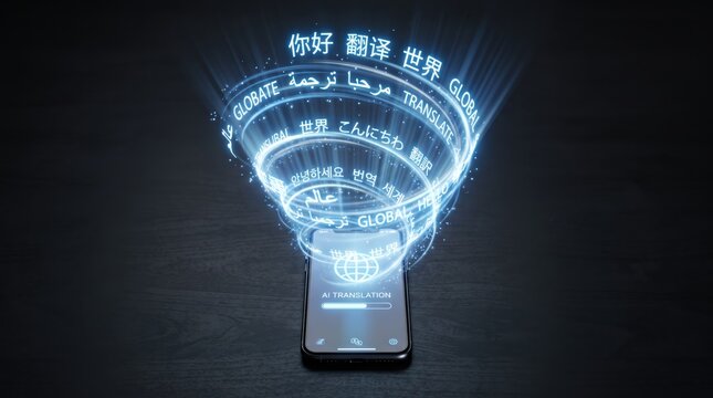 Smartphone displaying artificial intelligence translation app with floating globe of multilingual text symbols, breaking language barriers for global communication and