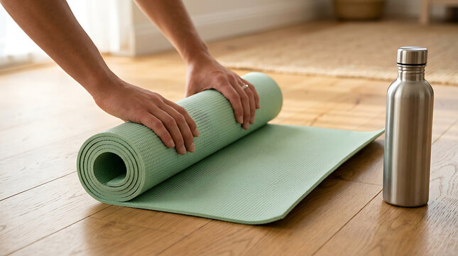 Person unrolling a light green yoga mat on a wooden floor with a metal water bottle nearby