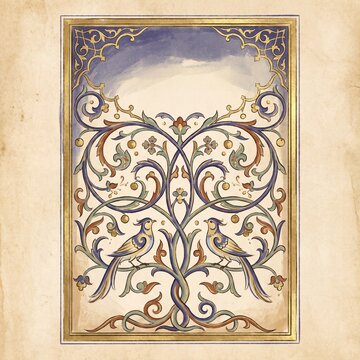 Bird and Tree of Life in Mardin &mdash; an illuminated panel with a ruled border