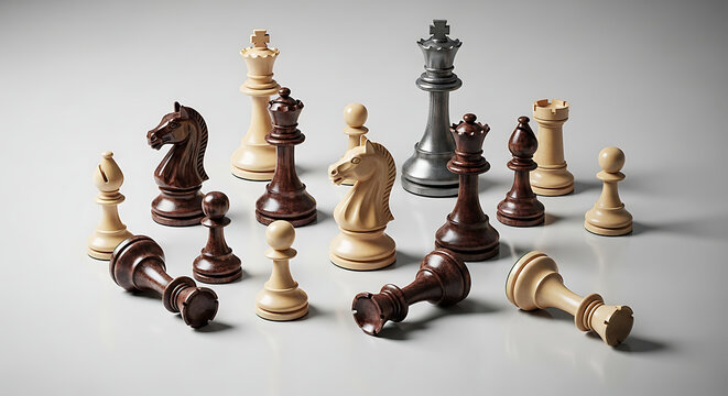 Wooden chess pieces scattered on a surface