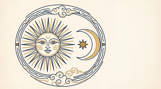 Anatolian Sun and Moon in Kars &mdash; a folk sun face and crescent moon, minimal single-weight line illustration