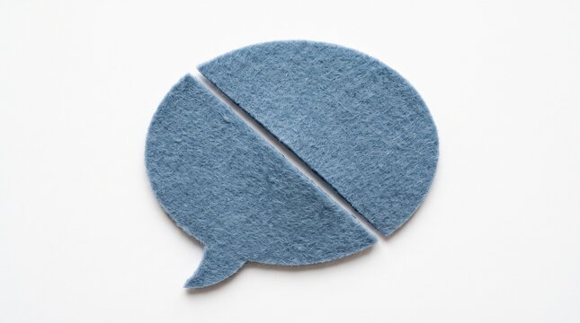 A blue felt speech bubble cutout is sliced diagonally into two pieces on a white studio background representing communication break