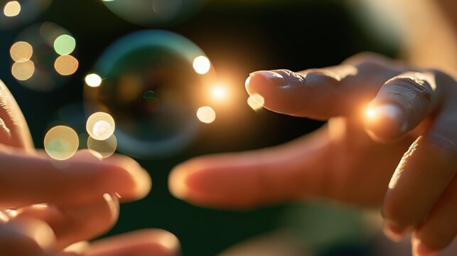 Close-up Macro Shot of Two Hands Reaching Out Towards Glowing Orbs and Bubbles in Golden Hour Light