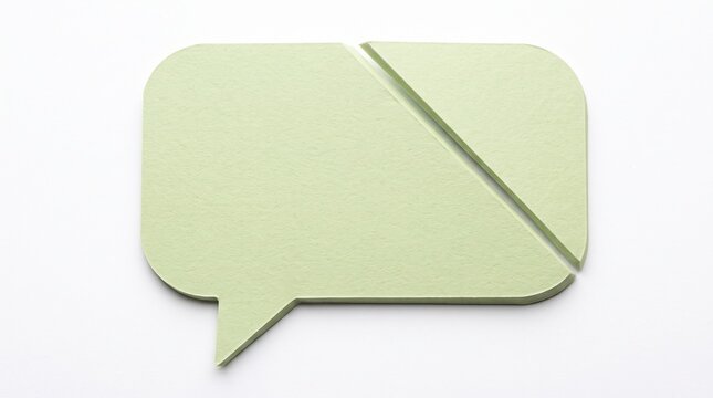 A pale light green paper speech bubble icon with a diagonal cut, isolated on a clean white background for modern communication design concept