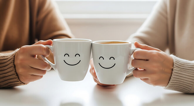 Two people holding white mugs with smiley faces