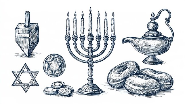 Hanukkah items like a menorah with nine candles, a dreidel, gelt coins, an olive oil lamp, and sufganiyot on a white background.