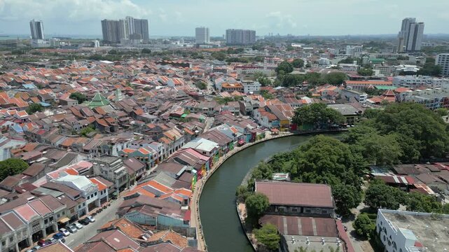 Aerial view of historic Malacca city with its iconic river winding through traditional shophouses and modern skyline in the background Malacca, Malacca, Malaysia.