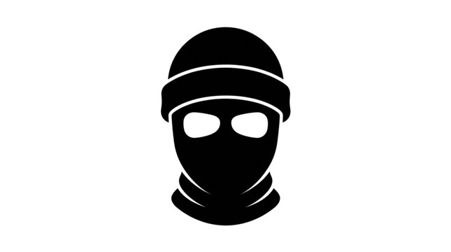 Thief head icon with black balaclava mask and beanie isolated on white background