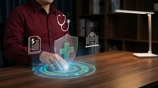 Health Insurance Concept, Digital Healthcare Protection Hologram, Medical Coverage Plan on Virtual Interface