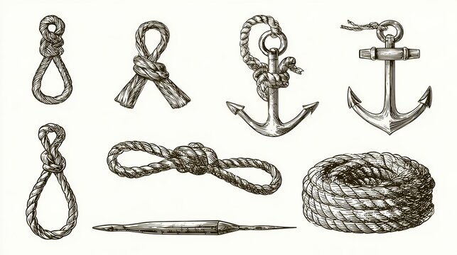 Detailed engravings of knots like bowline and cleat hitch, tools for sailors, and a coiled rope.