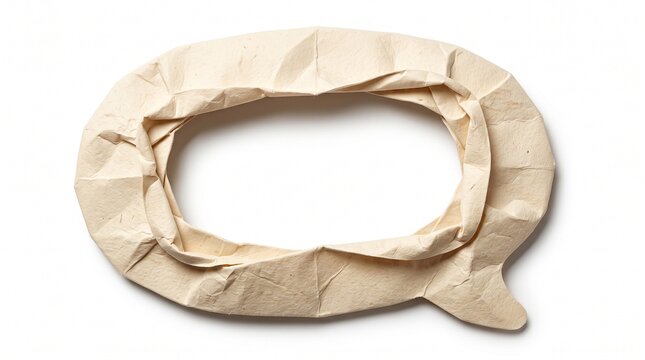 A beige wrinkled paper texture folded into a speech bubble shape sitting on a clean white background to represent simple communication idea