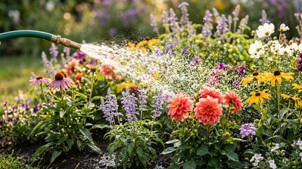 Naklejka premium Watering flower bed with garden hose in vibrant garden filled with blooming plants and assorted flowers. Garden hose sprays water on colorful flowers, including dahlias and coneflowers.