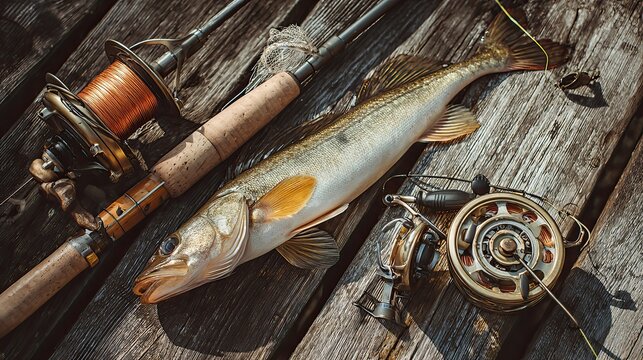 successful fishing catch with zander fish and professional fishing tackle on wooden pier