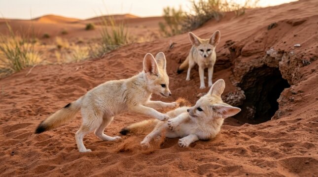 Playful Fennec Foxes in the Desert: Three adorable fennec foxes frolic and play amidst the sandy dunes of the desert, near their burrow entrance.