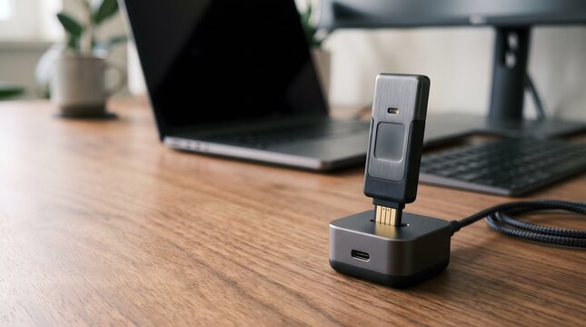 physical security key connected to compact charging dock for passwordless authentication, digital identity protection, cybersecurity and secure account access