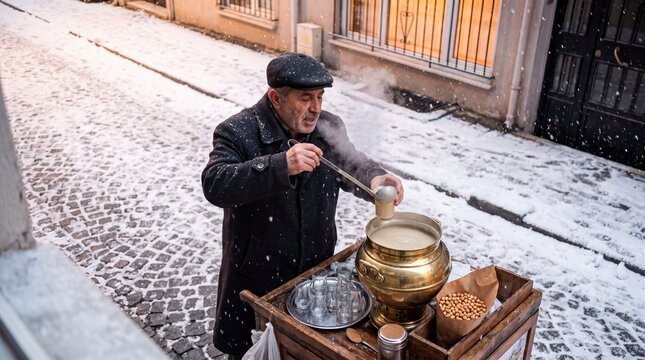 Boza vendor in Istanbul &mdash; a Vefa side street under falling snow, windows glowing yellow