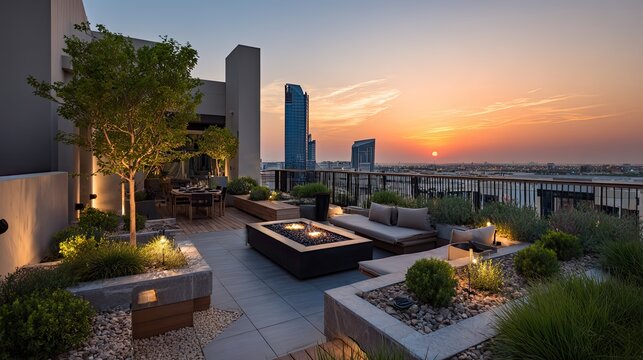 sunset view from a modern luxury rooftop garden balcony with fire pit and city skyline
