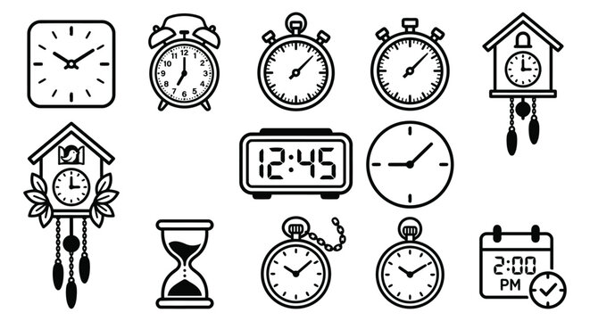 Vector line icon set of various time management tools, featuring wall clocks, alarm clocks, stopwatches, cuckoo clocks, digital clocks, pocket watches, an hourglass, and a calendar isolated on a white