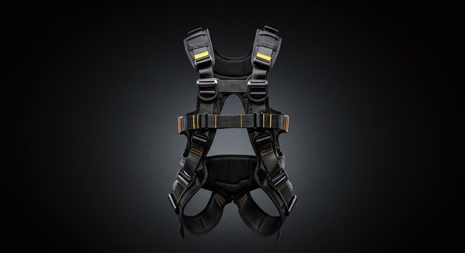 A robust safety harness with a self-retracting lifeline, designed for fall protection at height.Concept of occupational safety and personal protection.