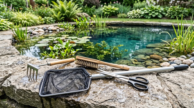 Garden pond maintenance tools for cleaning and upkeep with rake, scoop net, and brushes arranged on stone surface.