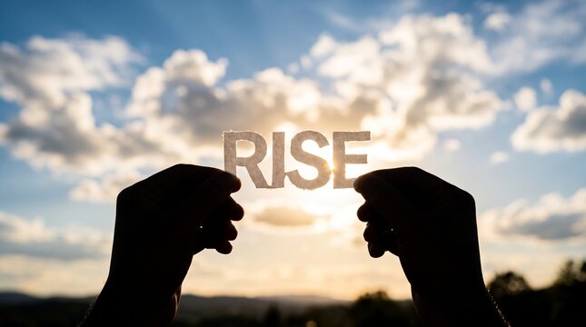 Hands holding paper cut letters spelling rise against a cloudy sky