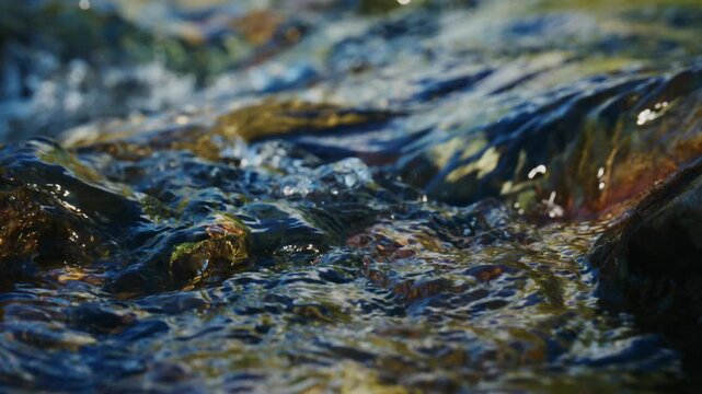Close-up of clear, rushing water flowing over smooth, mossy rocks. Sunlight glints off ripples and droplets, creating sparkling reflections. Water movement suggests natural energy and freshness