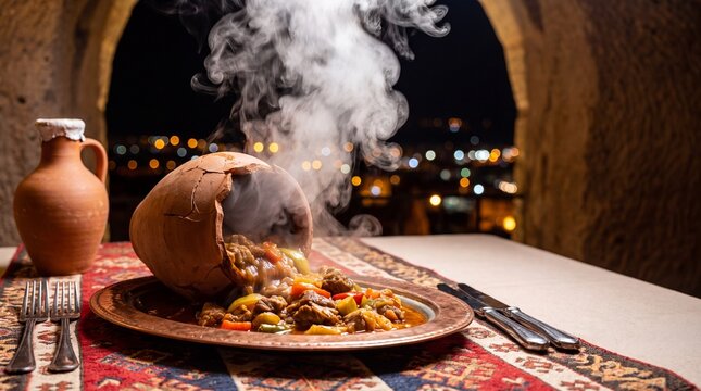 Nevşehir Testi Kebabı in Nevşehir &mdash; a sealed clay pot cracked open at the table, wide contextual table scene