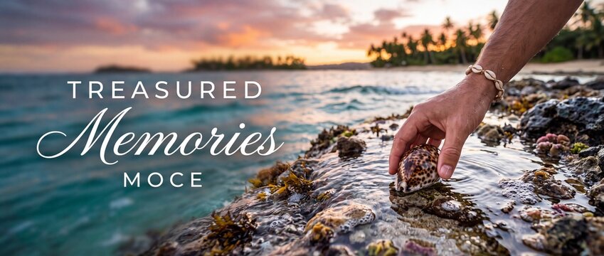 Hand picking up spotted seashell on rocky tropical beach shore during golden sunset ocean tide pool scene, male hand collecting cowrie shell on exotic island coastline, summer travel vacation concept.
