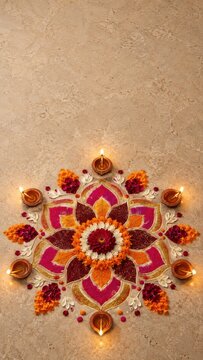 Diwali rangoli with glowing diyas and large beige copy space for elegant vertical festive poster
