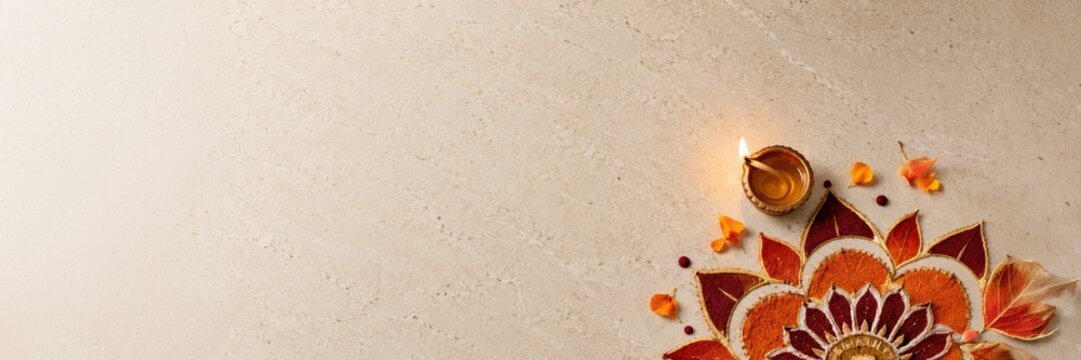 Diwali rangoli and diya on cream background with large copy space for elegant festive banner