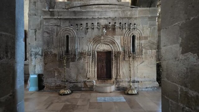 MTSKHETA, GEORGIA &ndash; SEPTEMBER 15, 2026: Video inside Svetitskhoveli Cathedral showing carved stone architecture, religious icons, shrine details and traditional Orthodox interior. Interior of Svetitsk