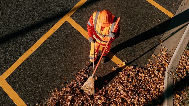 Overhead view of a sanitation worker in bright orange uniform sweeping fallen autumn leaves on a paved road with yellow lines
