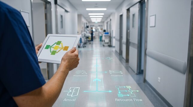Healthcare worker holding digital tablet displaying workflow diagram in modern hospital corridor with floor projections