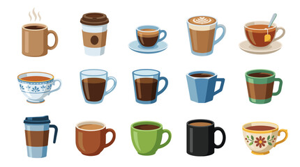 Fototapeta premium Collection of coffee and tea cup vector icons featuring espresso glasses, latte art, cappuccinos, takeaway paper cups, reusable travel mugs, ceramic mugs, and ornate decorative teacups.