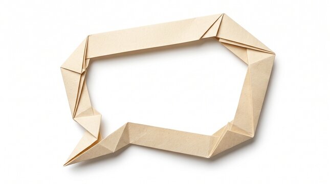 A beige folded paper speech bubble isolated on a white background representing communication dialogue interaction creative message design idea