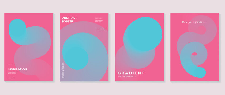 Pastel abstract vector poster set with pink and cyan rounded gradient shapes, modern fluid composition and creative wall art templates