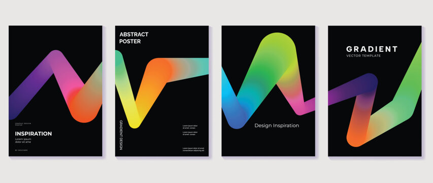 Modern abstract vector poster set with colorful gradient ribbon shapes on black background, contemporary wall art and design templates