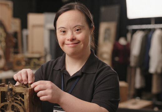 Smiling female horologist with Down syndrome repairing a vintage mechanical clock movement in a workshop