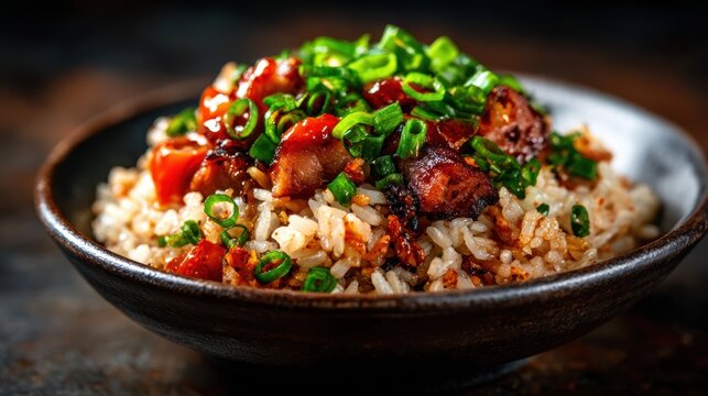 An appetizing view of rice topped with savory meat and fresh green onions, encapsulating the essence of comfort food, ready to tantalize your taste buds.